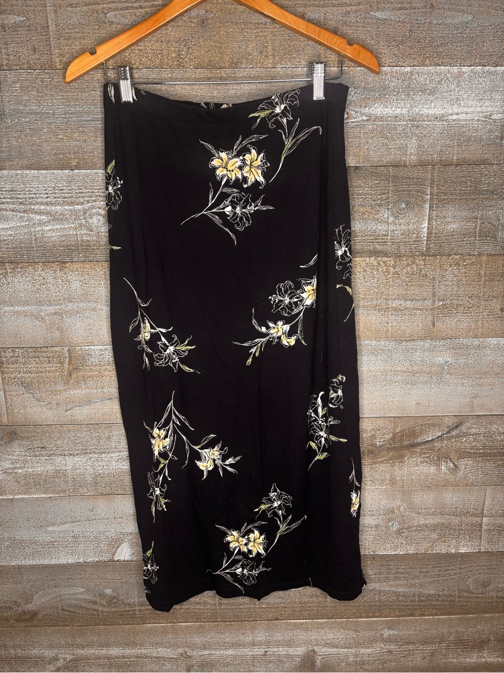 Vintage 90s Emma James Liz Claiborne Black Maxi Skirt with Yellow Floral Print